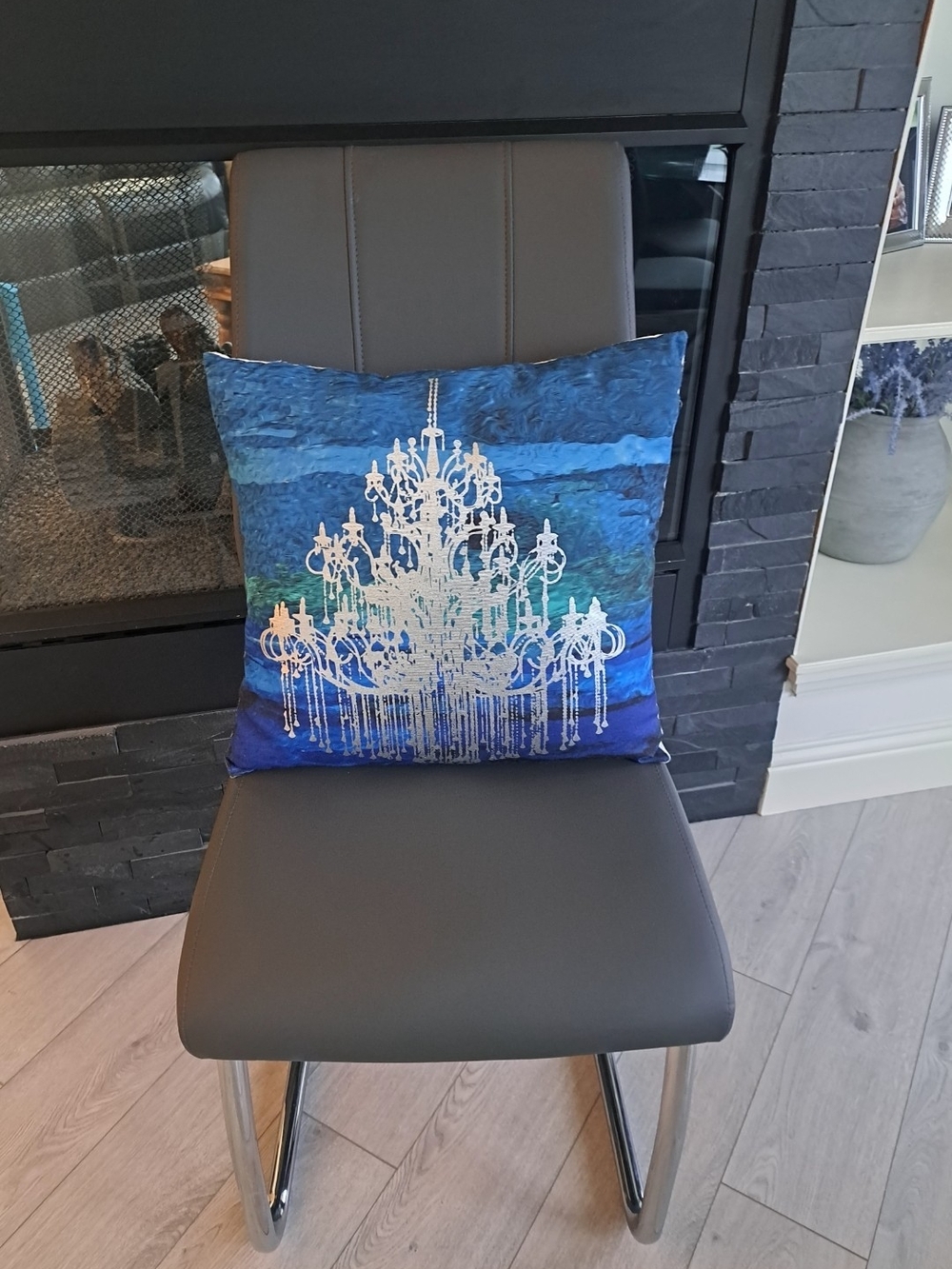 Blue Decorative Pillow with Silver Chandelier Print